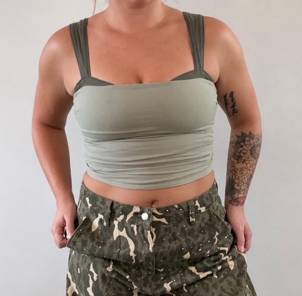 Free People Two-Tone Ruched Crop Tank Top Green XS NWOT